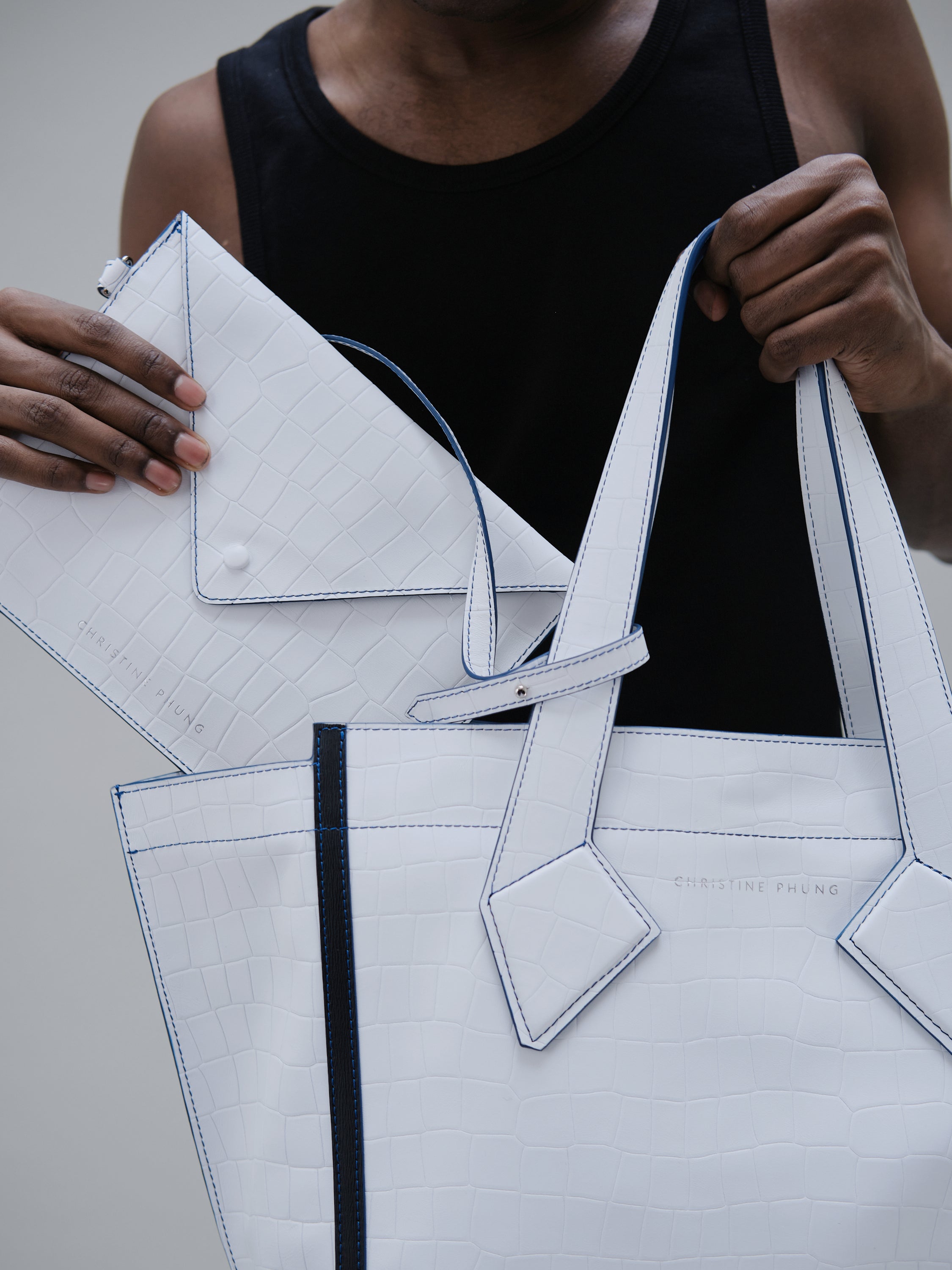 Christine Phung Sac Cabas L cabas cuir blanc croco upcyclé