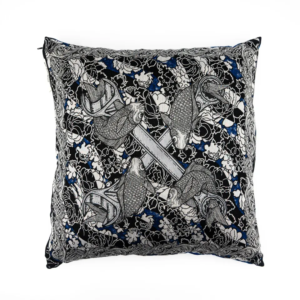 Jean-Paul Lespagnard Textile Blue Fishes coussin jacquard 100x100 cm