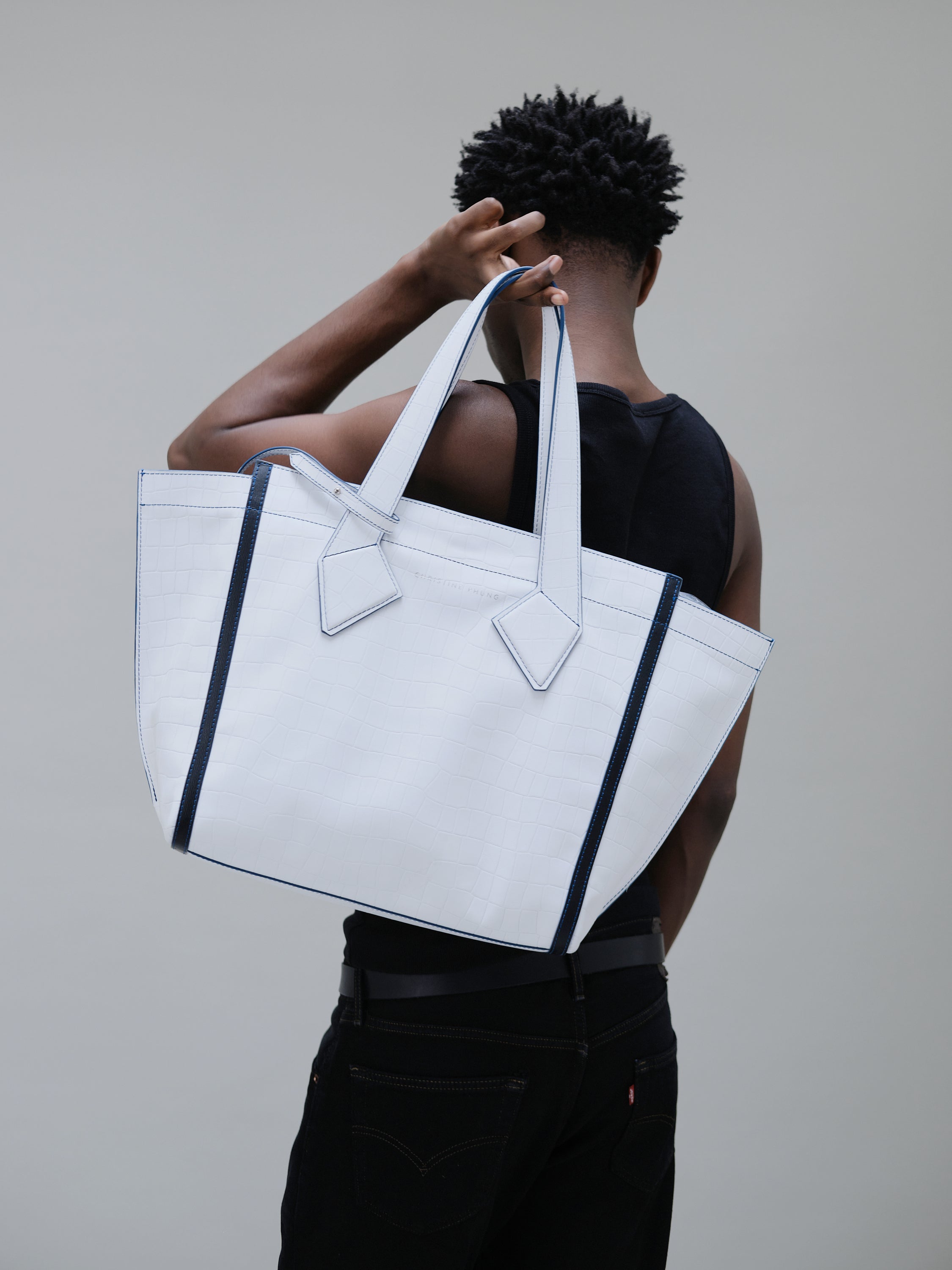 Christine Phung Sac Cabas L cabas cuir blanc croco upcyclé